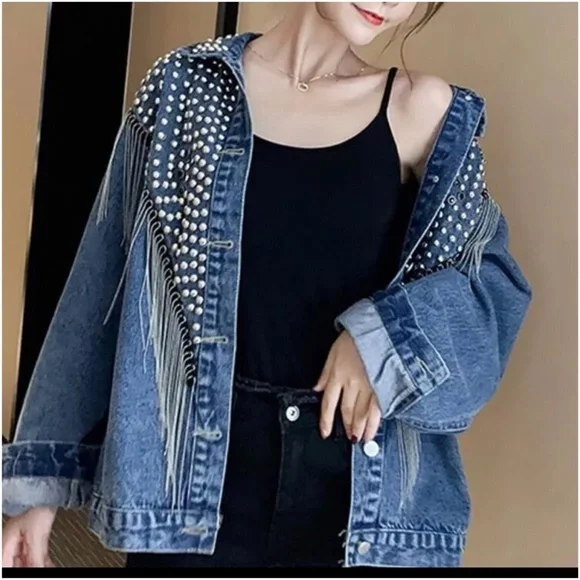 Western Vintage Wash Denim Studded Fringe Jean Jacket - Picture 8 of 16